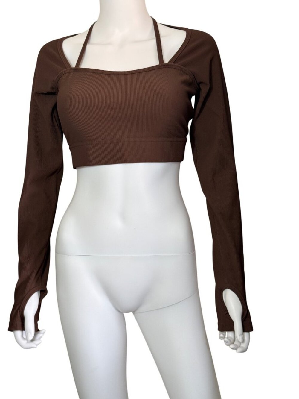 Halara 2-In-1 Ribbed Halter Cropped Top with Shrug Sleeves Brown Size Large